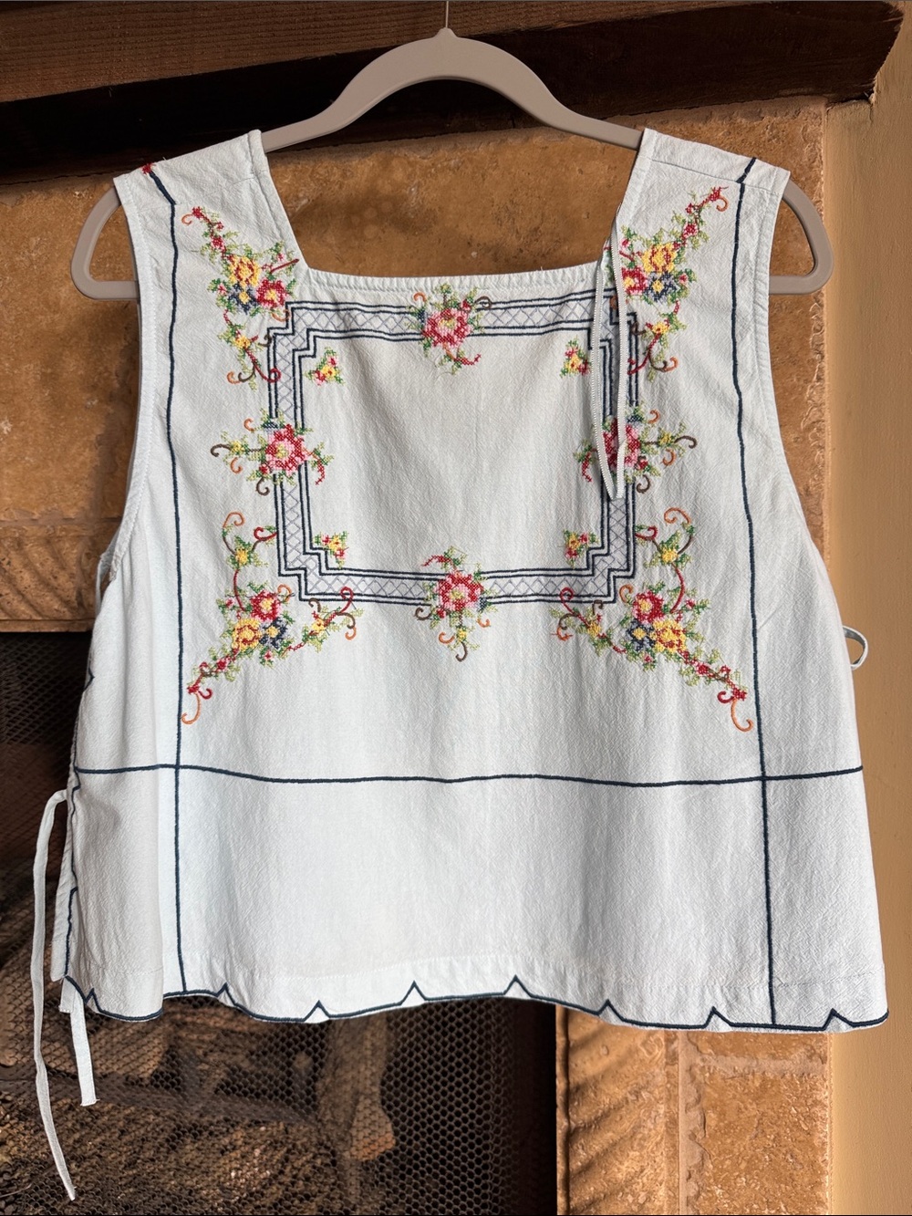 Free People White Embroidered Square-Neck Tank with Multicolor Floral Motif